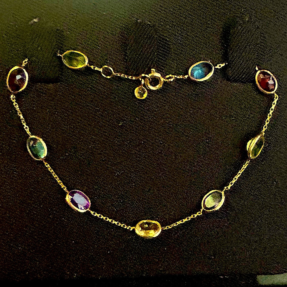 14K Gold Chain Bracelet with Colorful Multi Gemstones - Picture 11 of 12